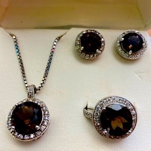 Smoky quartz, sterling silver three-piece set